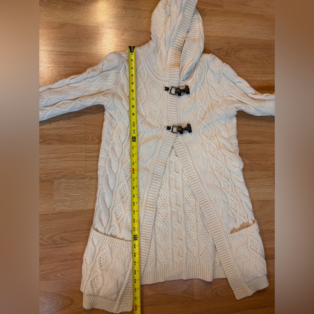 Blarney Aran Originals Cream Cable Knit Wool Hooded Toggle Cardigan Size S - Picture 8 of 11